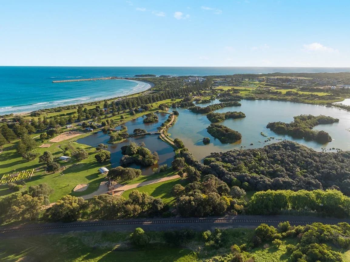 Aerial view of Warrnambool’s coastline and Lake Pertobe, Victoria